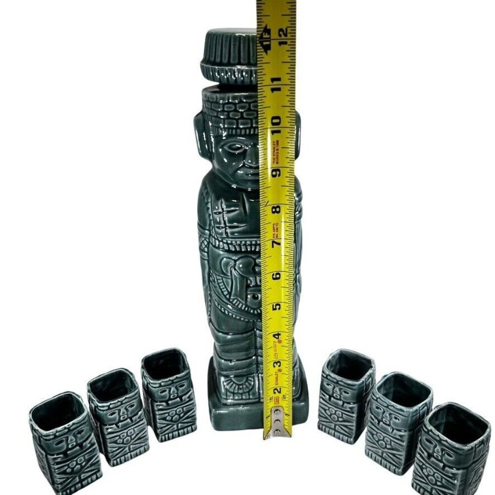 Vtg 1960 Ceramic Tiki Decanter Cork Shot Glasses Aztec Mayan Idol Green Set of 7 - Picture 16 of 16